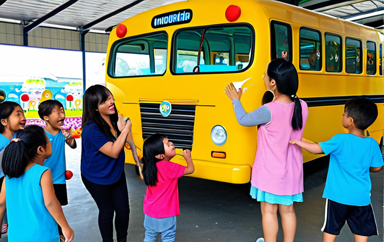 **
A vibrant and joyful scene of a diverse group of young children excitedly interacting with Tayo the Little Bus at a Tayo event. The background shows colorful decorations of the bus depot, and there are interactive activities and games happening all around. The focus is on capturing the children's pure delight and sense of wonder as they meet their favorite character.
**