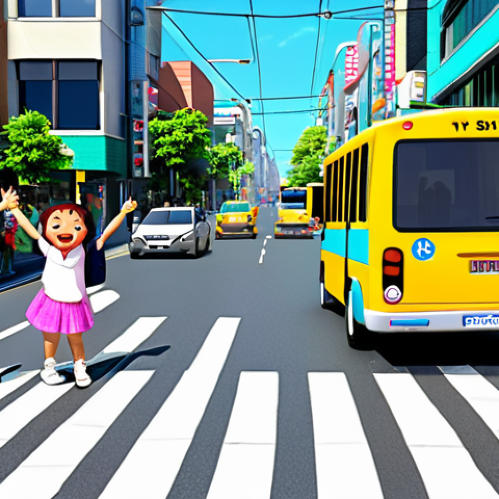 **Prompt:** A vibrant and cheerful scene of Tayo the Little Bus driving down a sunny street in a bustling city, following all traffic signals. Children are waving excitedly from the sidewalk. The overall mood is friendly and educational, emphasizing road safety. Use bright and inviting colors.