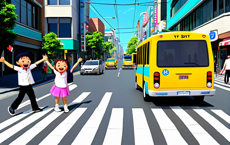 **Prompt:** A vibrant and cheerful scene of Tayo the Little Bus driving down a sunny street in a bustling city, following all traffic signals. Children are waving excitedly from the sidewalk. The overall mood is friendly and educational, emphasizing road safety. Use bright and inviting colors.